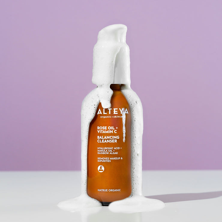 Altea luminous rose cleanser with foam on a light purple background