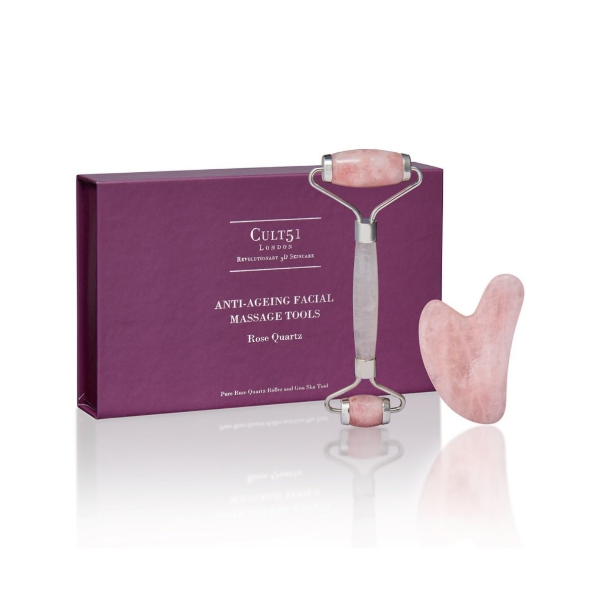 CULT 51 Rose Quartz Anti-Ageing Facial Massage Tools 天然玫瑰石英雙頭按摩滾輪+刮痧板套裝 - MINT Organics